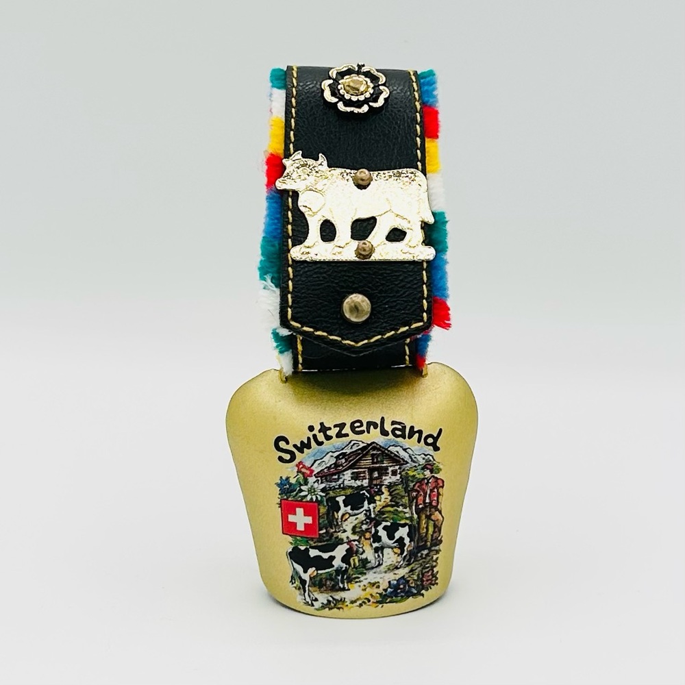 Vintage Swiss Cow Bell With Embroidered Strap Souvenir